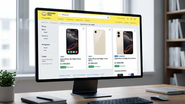 Pantalla de una pc sobre un escritorio que muestra modelos de teléfonos móviles con precios en la página de Mercado Libre