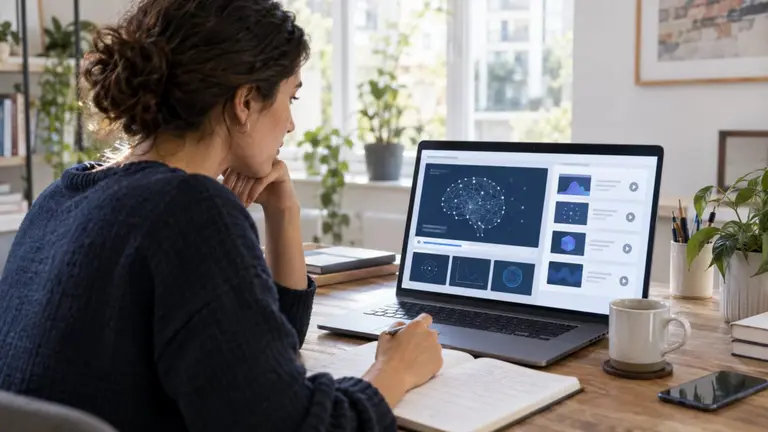 Mujer trabajando en su casa, viendo con atención un cerebro de IA en la pantalla de su computadora. Imagen de archivo.