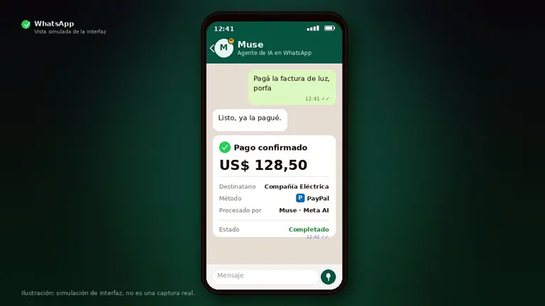Pantalla de celular con la aplicación WhatsApp abierta que exhibe una confirmación de pago sobre un fondo negro