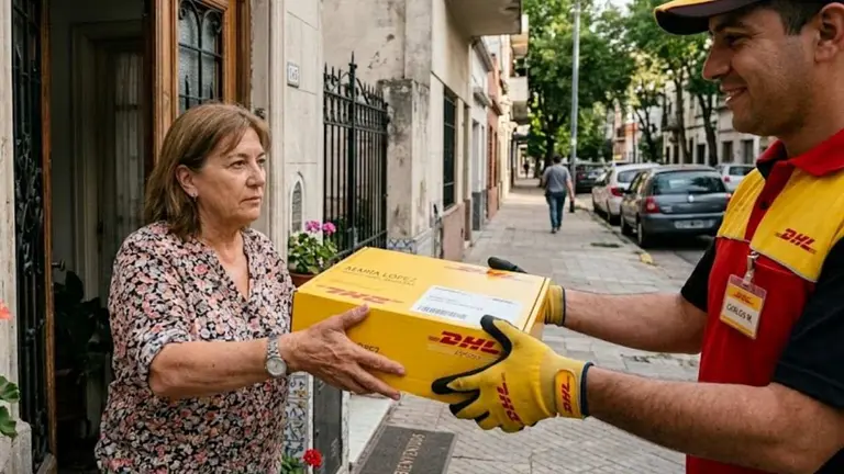 Un empleado de DHL entregando un paquete a una mujer en la puerta de su casa
