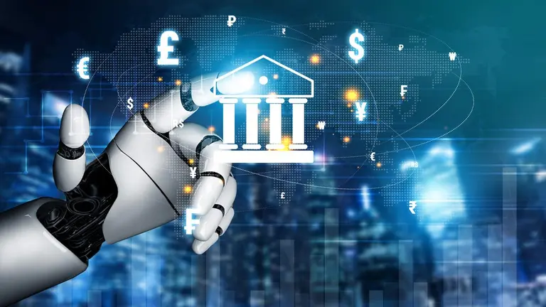 <ano de robot haciendo clic en una versión holográfica de un banco