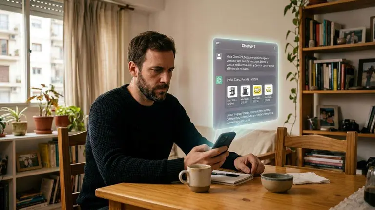 Un hombre usando un celular con IA antes de definir una compra. Imagen generada por IA