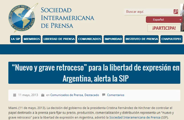 La expropiación de Papel Prensa "acerca" a la Argentina a un "estado totalitario", según la SIP