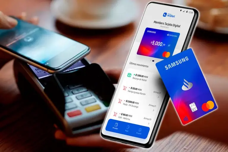 celular muestra una aplicación de Samsung junto a una tarjeta física