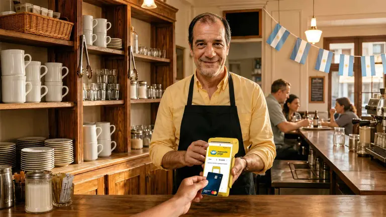 Dueño de un almacen sosteniendo la terminal de pago de Mercado Pago mientras el cliente abona con su tarjeta de crédito contactless