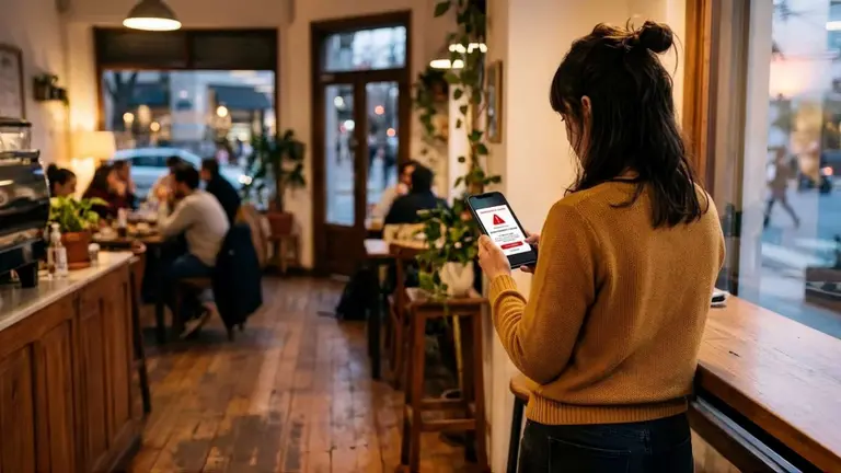 Mujer sostiene un celular donde mira un alerta de su billetera virtual informándole que está en mora