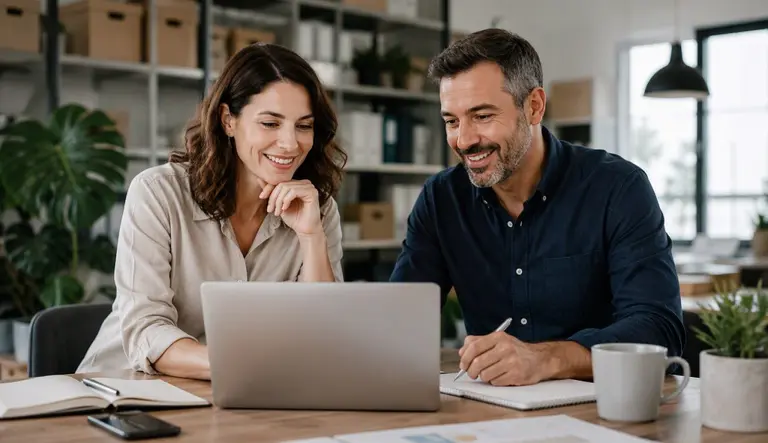 pareja mira una computadora portátil con una sonrisa