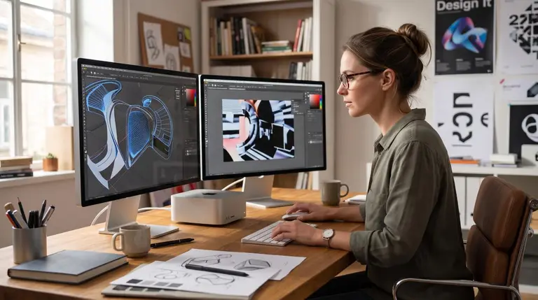 mujer diseña con su nueva computadora Mac Studio de Apple