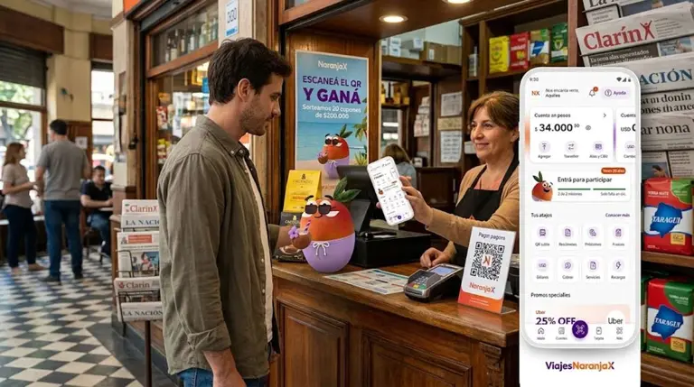 joven compra con qr en un local que tiene la promoción de naranja x