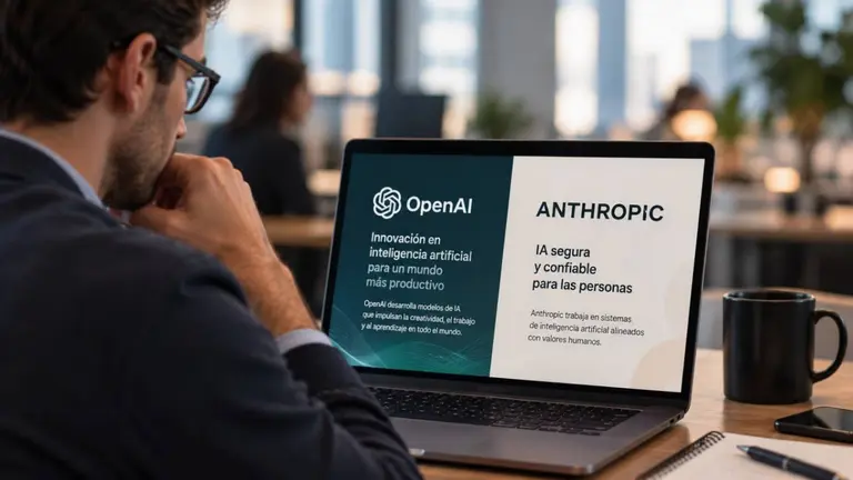 Un hombre analiza en su computadora la competencia entre OpenAI y Anthropic en inteligencia artificial
