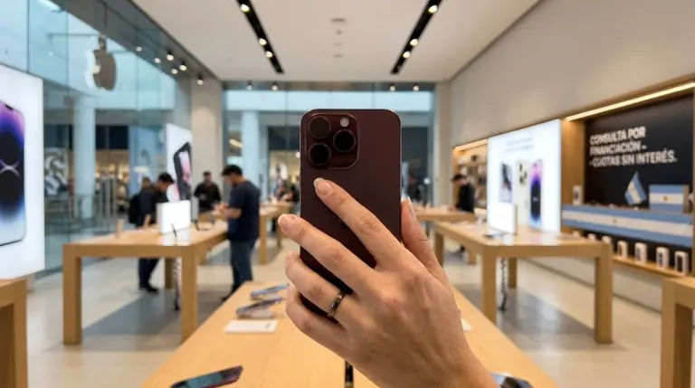 Una mano de una mujer sostiene un iPhone 18 en una tienda de Apple