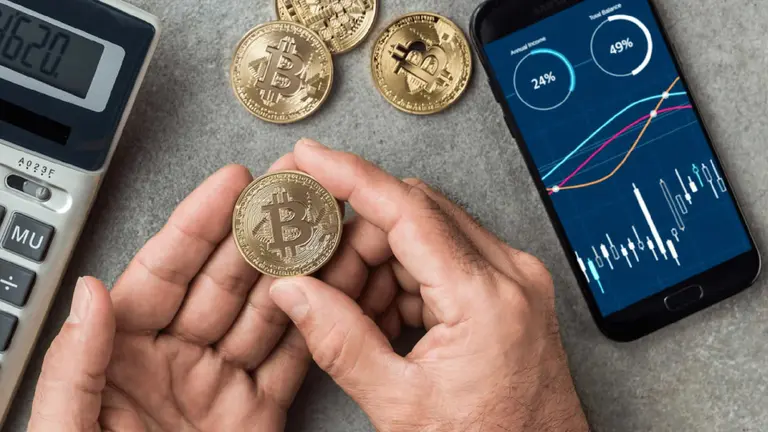 Usuario tiene un bitcoin en la mano, con un celular que sigue las cotizaciones y una calculadora
