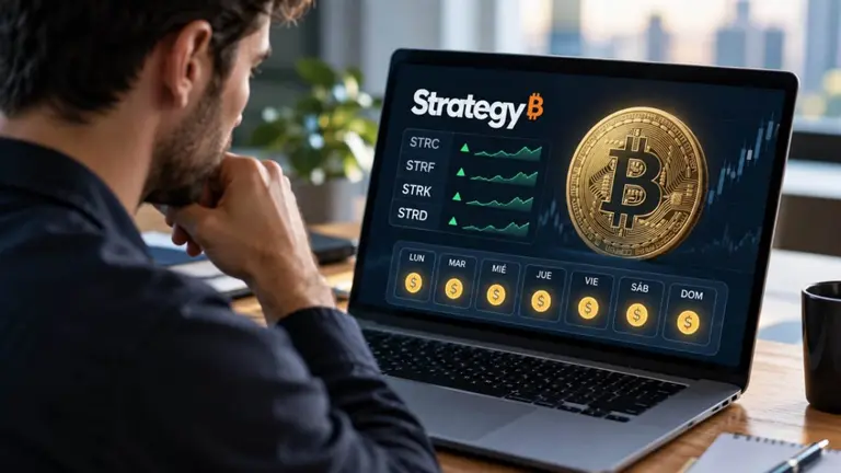 Un inversor analiza acciones de Strategy, Bitcoin y pagos diarios desde su computadora