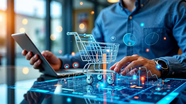 Una persona utiliza una tablet frente a una interfaz digital con un carrito de compras virtual, gráficos y datos vinculados al comercio electrónico