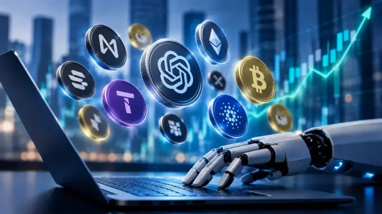 Una mano robótica trabaja frente a una computadora, rodeada de criptomonedas y gráficos