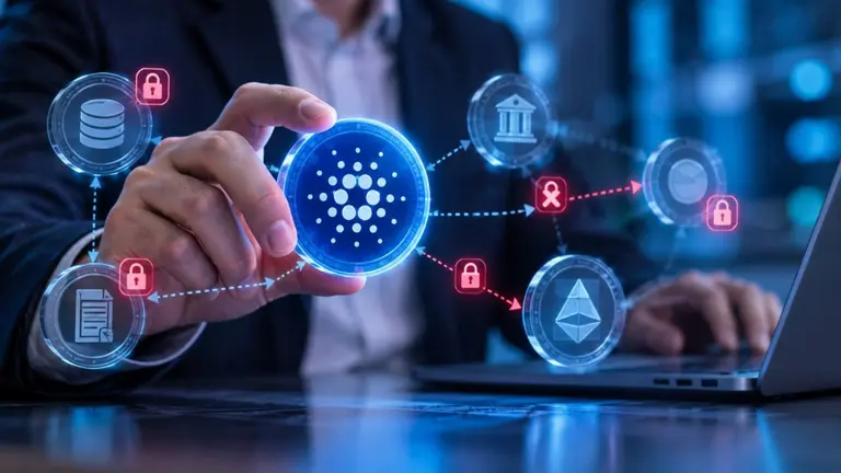 Una persona sostiene un token digital de Cardano frente a una interfaz que muestra bloqueos y restricciones en la red blockchain
