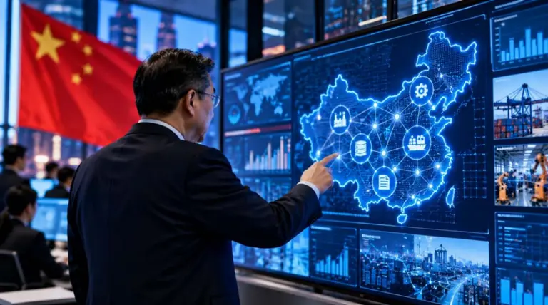 Un funcionario chino analiza una red digital sobre el mapa del país, con datos y tecnología vinculados a la industria y la blockchain