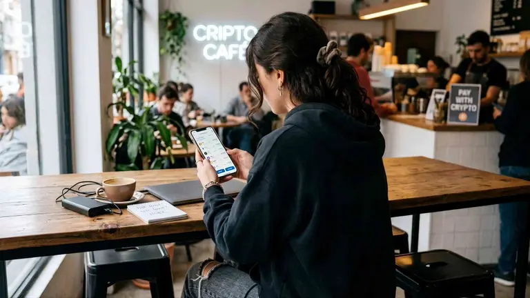 Usuaria de criptomonedas hace zoom en su celular para ver en detalle la cotización de sus activos
