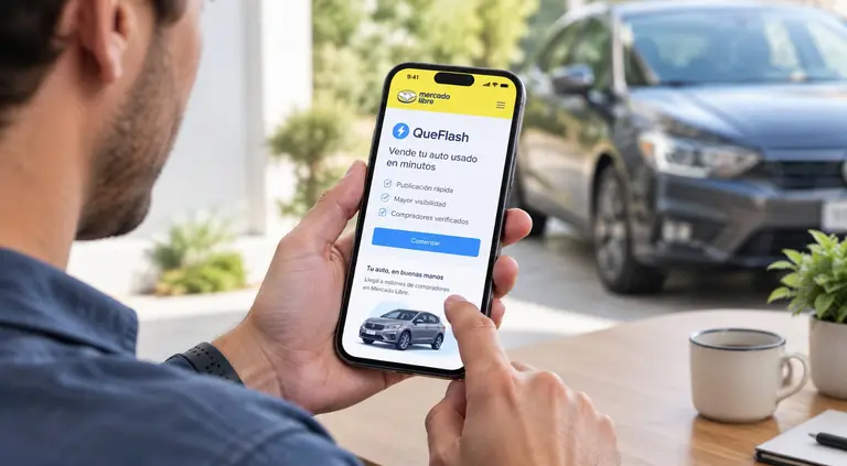 Persona sosteniendo su celular, usando la página de Flash para vender su auto