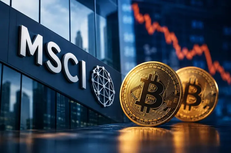 Cartel de MSCI en un edificio corporativo, dos monedas doradas de Bitcoin en primer plano y un gráfico bursátil descendente al fondo