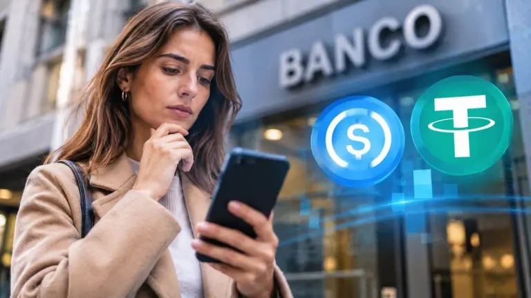 Una mujer consulta su celular frente a un banco, junto a los símbolos de las stablecoins USDC y USDT