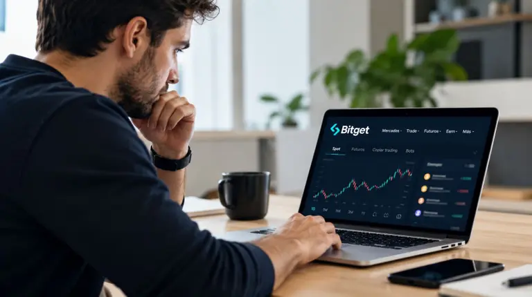 Un hombre consulta la plataforma de Bitget desde su notebook, mientras observa gráficos de criptomonedas en pantalla