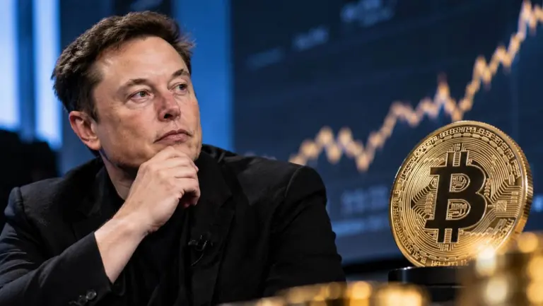 Elon Musk aparece pensativo junto a una moneda dorada de Bitcoin, con un gráfico de mercado de fondo