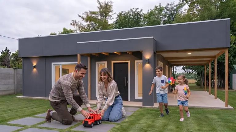 imagen de familia jugando en el frente de una vivienda industrializada