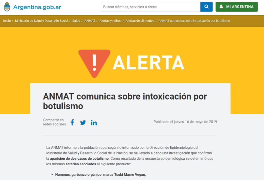 ANMAT advierte sobre un hummus que habría intoxicado a dos mujeres