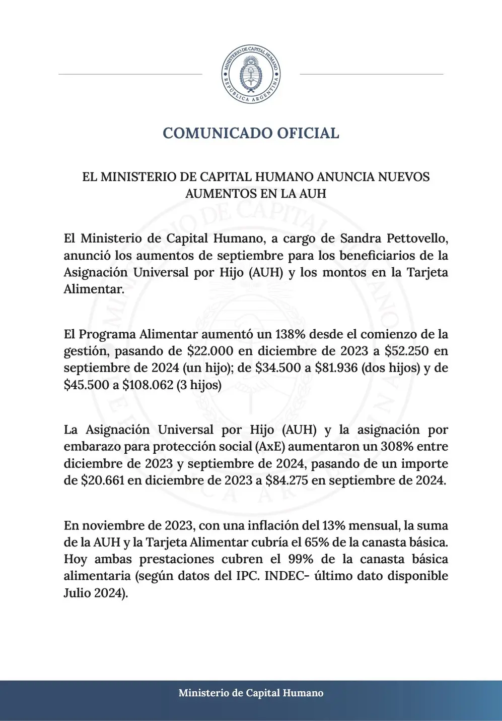 El comunicado que el Ministerio de Capital Humano publicó con los valores actualizados de AUH y Tarjeta Alimentar.