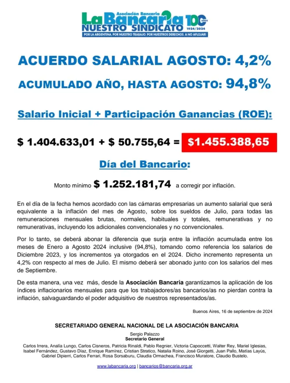 El comunicado que emitieron los gremios bancarios, tras confirmarse el nuevo aumento de sueldo.