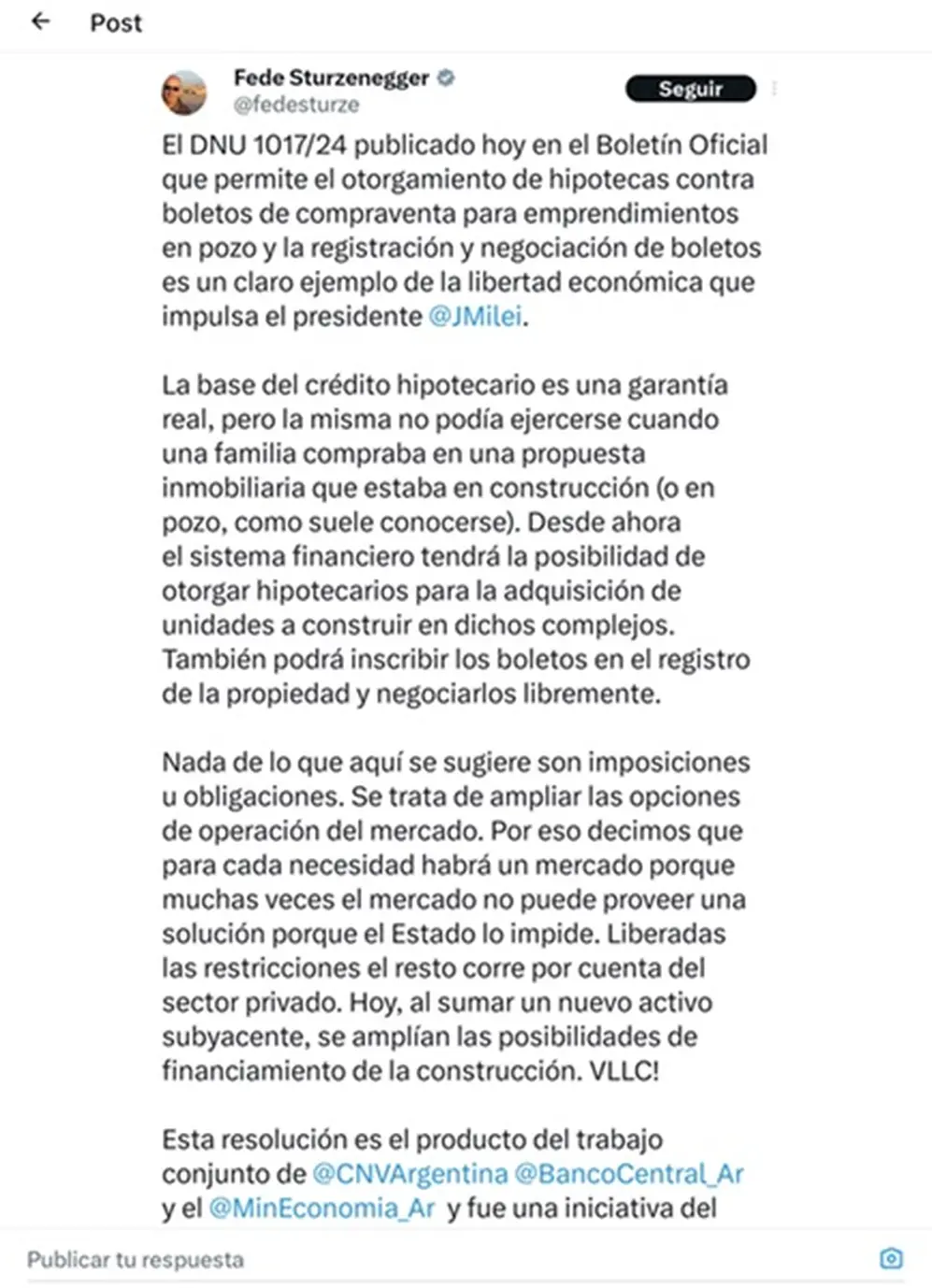 Federico Sturzenegger explica cambios en los créditos hipotecarios y compra de propiedades