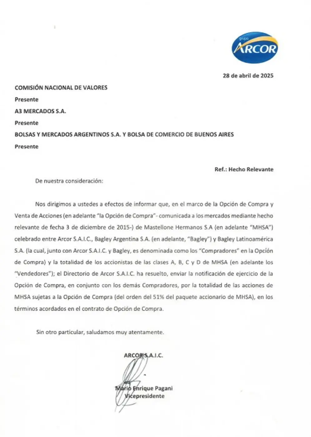 El comunicado de Arcor a la CNV donde detalla su intención de compra de las acciones de Mastellone