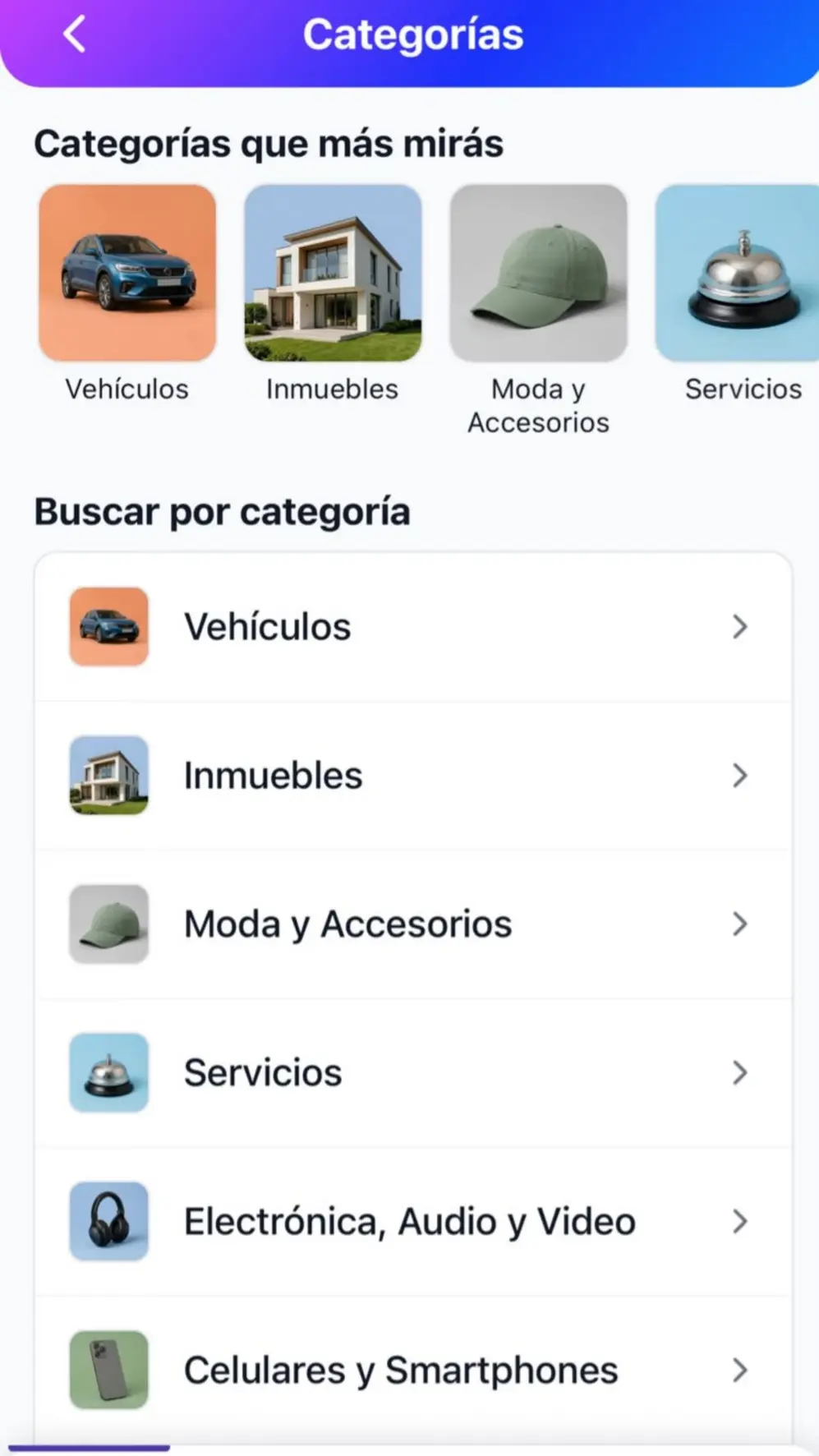 Vista por categorías de la App Salame