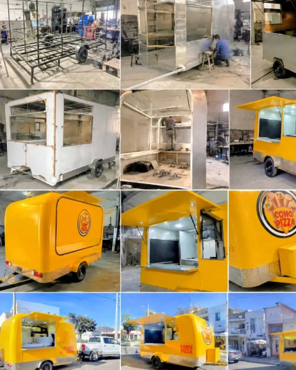 Collage sobre el proceso de fabricación de un food truck Infinito, desde la estructura metálica