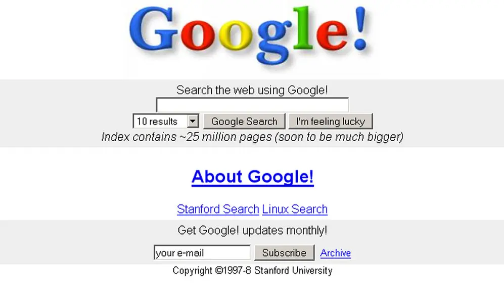Primera página del buscadoir de Google, en 1997.