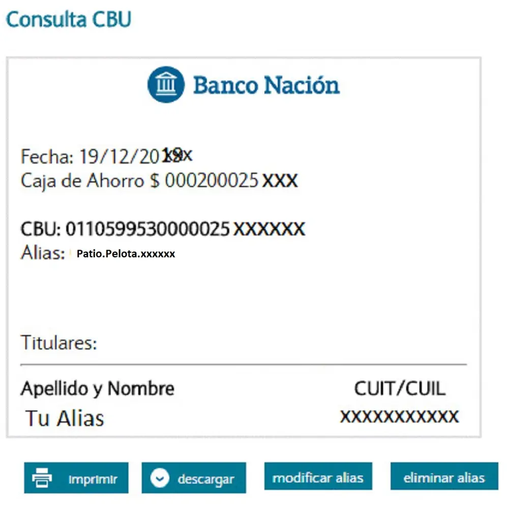 Ejemplo de cómo aparece el CBU y el Alias CBU en el Banco Nación