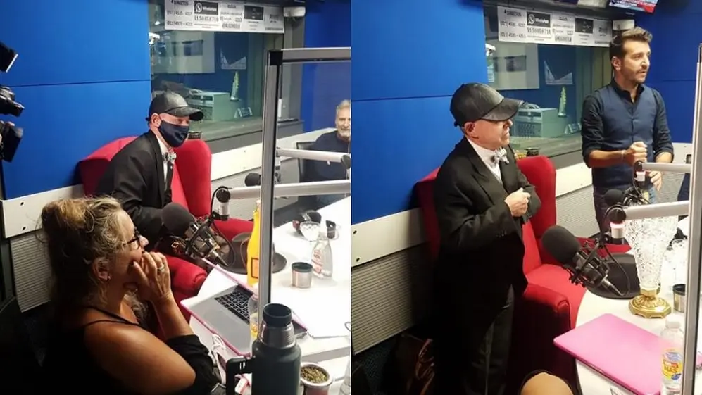 Vestido de gala y con champagne, Norberto Oyarbide debutó en la radio