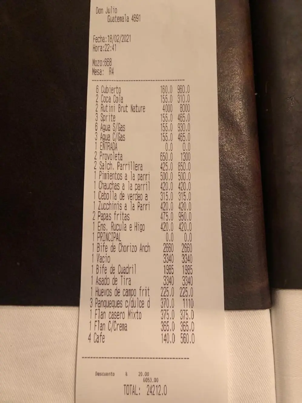 El ticket con los gastos en Don Julio.
