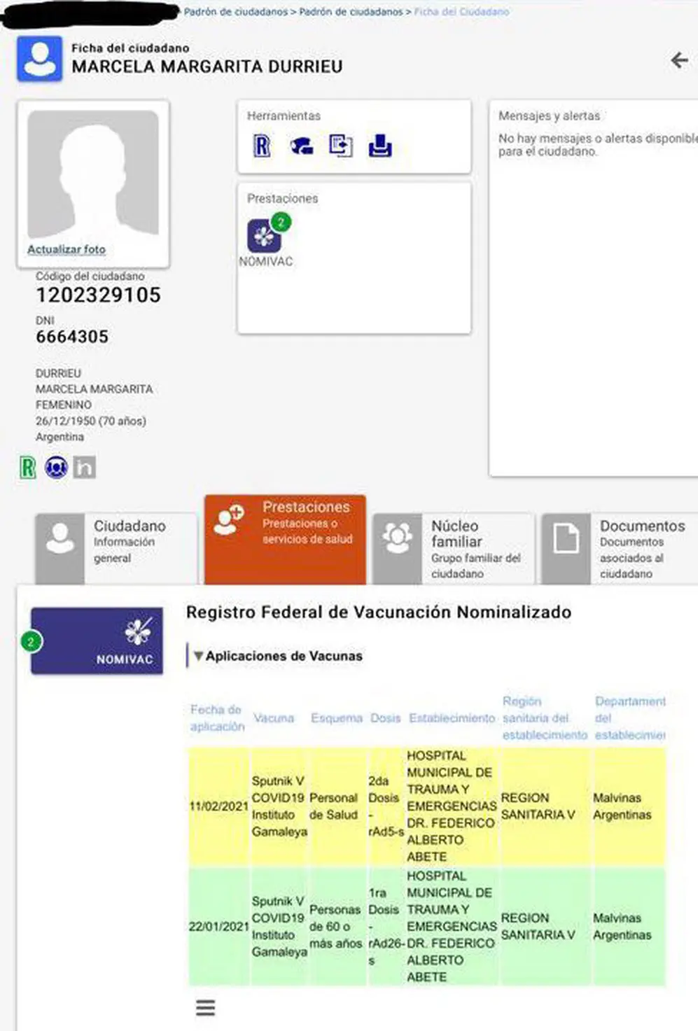 La vacunación de Marcela Durrieu, suegra de Sergio Massa.