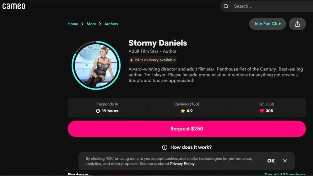 Stormy Daniels cobra 250 dólares cada mensaje en Cameo.