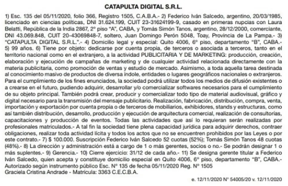Inscripción de Catapulta Digital en el Boletín Oficial del 12 de noviembre de 2020.