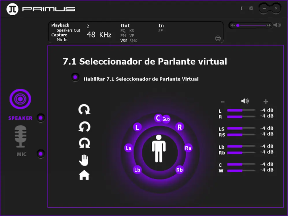 Configuración del sonido 7.1 virtual. Puede cambiarse la posicón e intensidad de las distintos parlantes emulados.