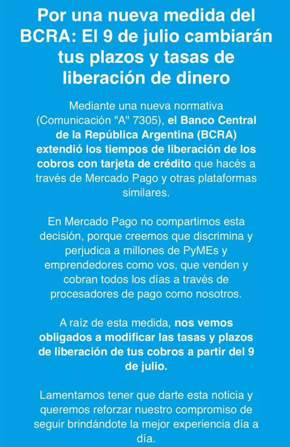 El texto que Mercado Pago envió a sus usuarios.