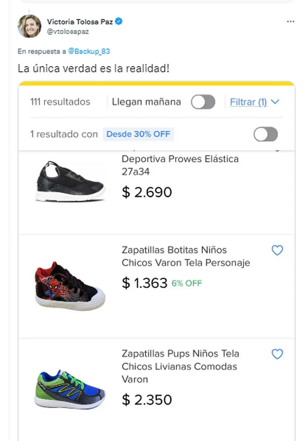 En su cuenta de Twitter, Tolosa Paz mostró que hay zapatillas de menos de $2.000