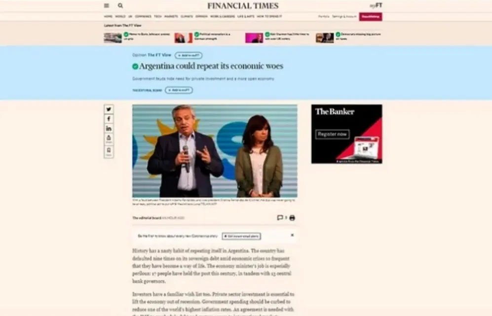 Dura advertencia del Financial Times sobre la Argentina