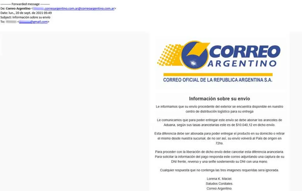 Ejemplo de correo que suplanta la identidad de Correo Argentino.
