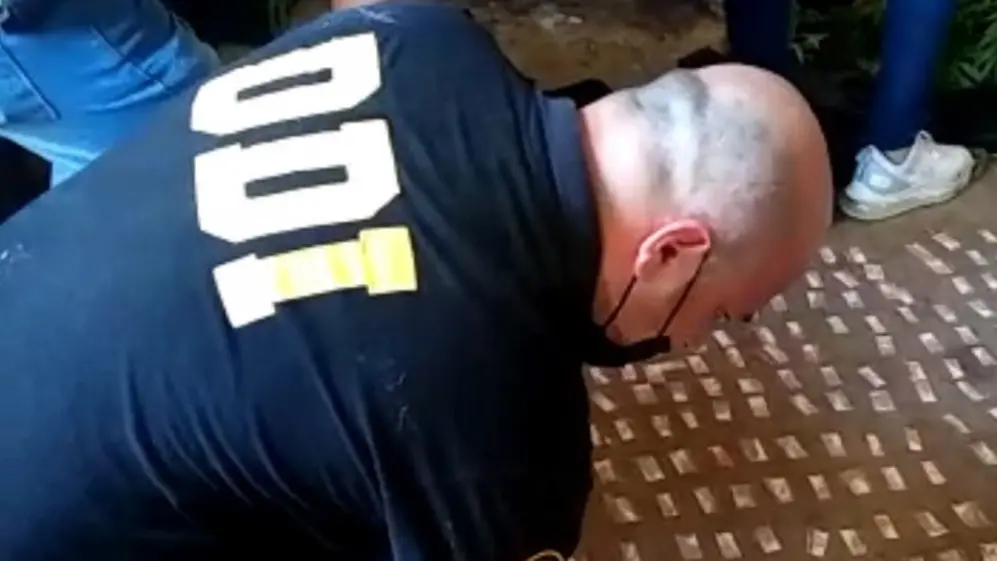 Un efectivo policial examina sobres con cocaína.