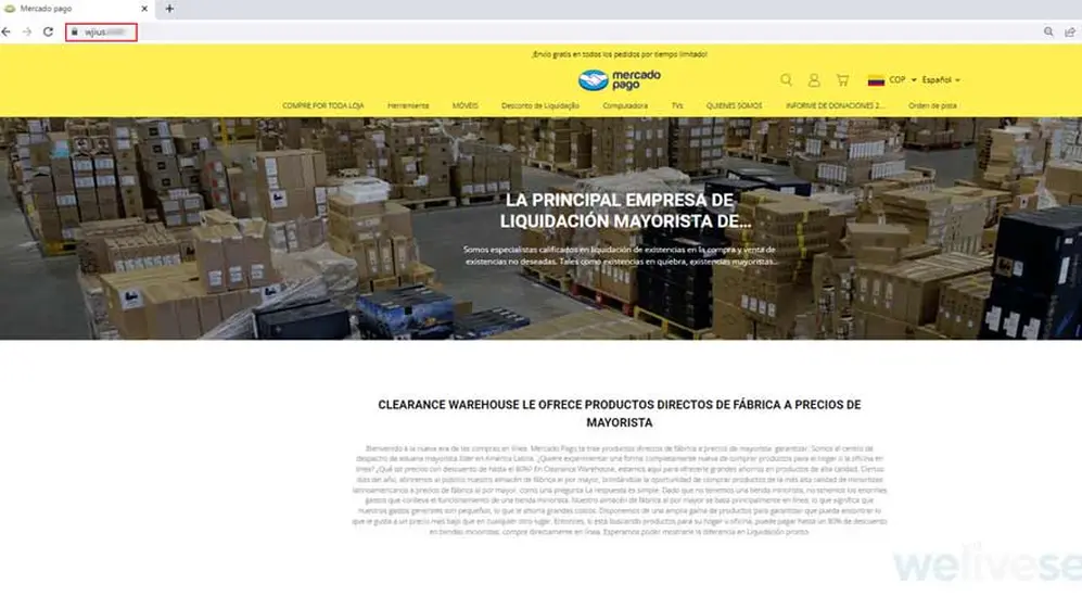 Página principal del falso sitio que se hace pasar por Mercado Libre. Al observar la URL se puede identificar que no refiere al sitio web oficial de la compañía.