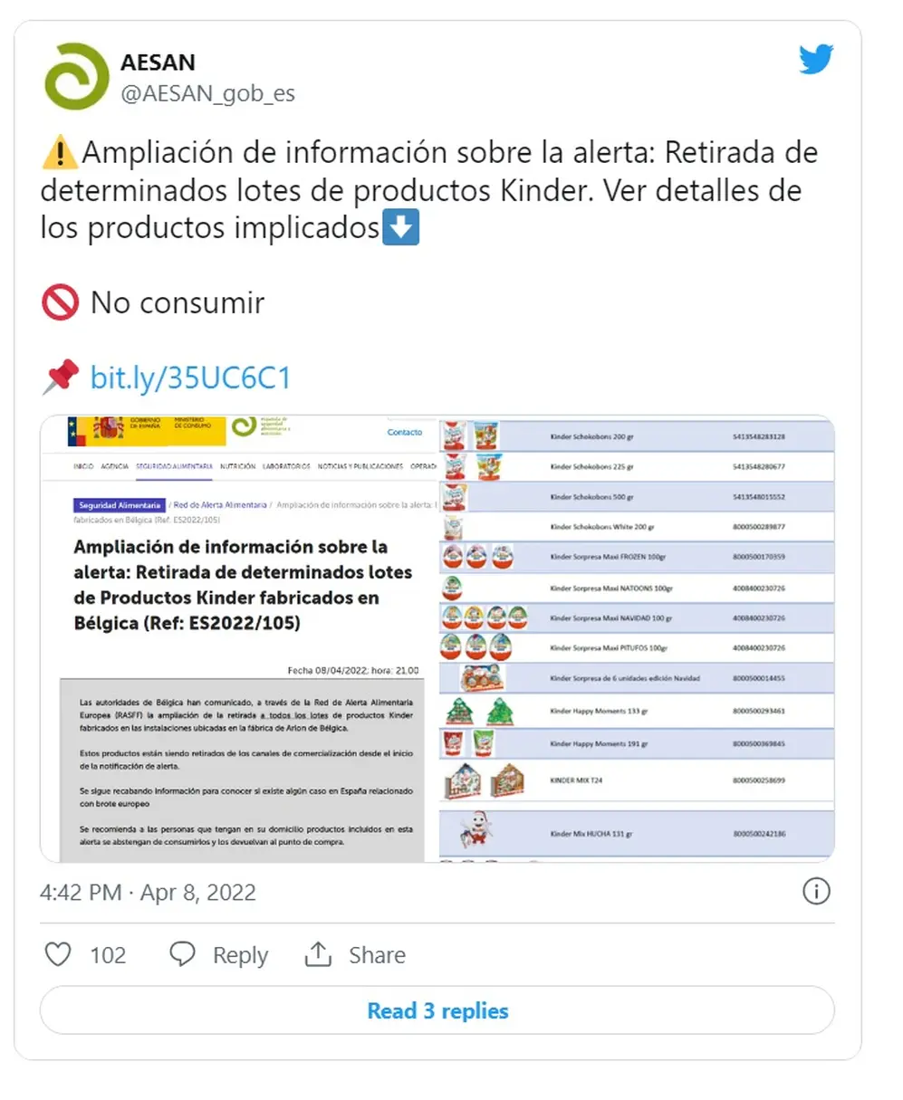 España: retiran más productos de Kinder de la venta por la presencia de salmonella y piden no consumirlos